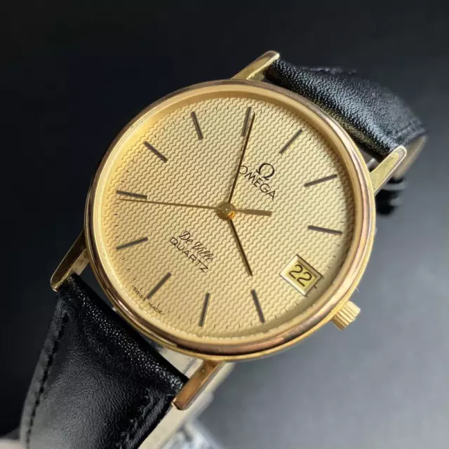 Vintage Omega De Ville Cal.1332 Quartz Gold Dial Date Mens Watch