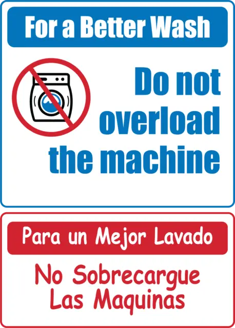 LAUNDRY DO NOT OVERLOAD MACHINE | Bilingual Adhesive Vinyl Sign Decal