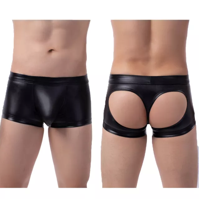 Mens Sexy Bulge Boxer Briefs Wet Look Open Butt Shorts Faux Leather Underwear