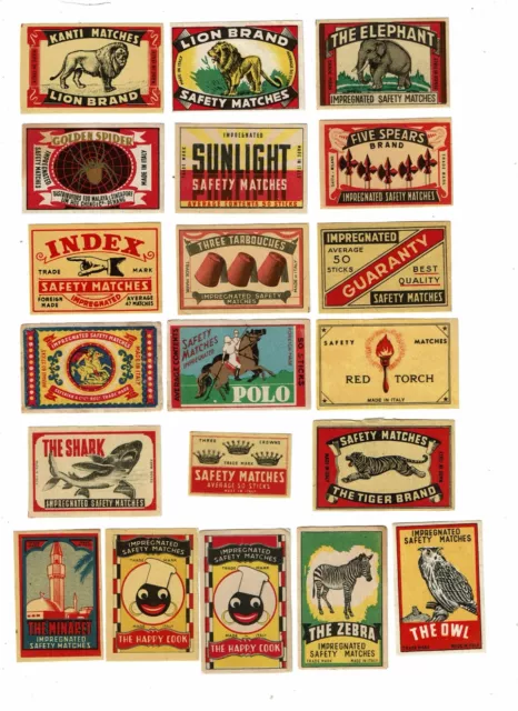 20 Old Italy c1900s Matchbox labels The owl, The Shark, The Elephant  etc