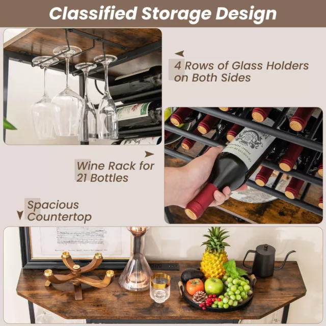 3-Tier Industrial Wine Rack Wine Bar Cabinet with Power Outlets Glass Holders 3