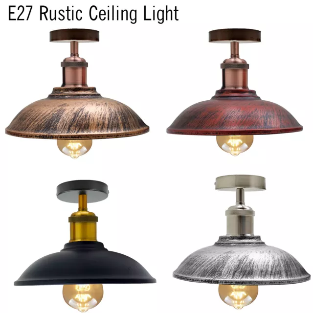 Vintage Ceiling Light Retro Industrial Rustic Metal Lampshade E27 LED Flush Lamp