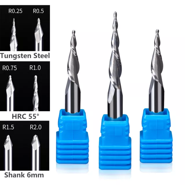 2 Flute Tapered Ball Nose End Mill Solid Carbide Spiral Milling Cutter 6mm Shank