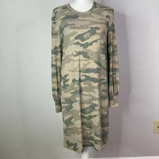 Lucky Brand Cozy Knit Printed Dress Womens Size Small Green Camo Long Sleeve