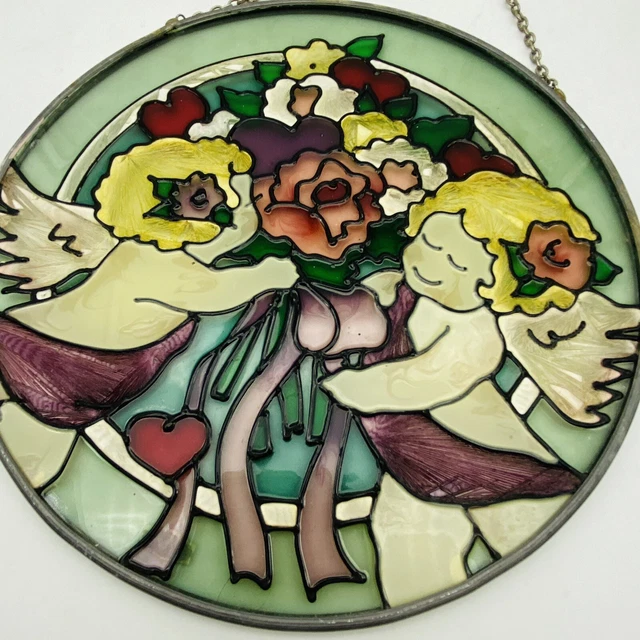 6.5”x6.5” Antique Stained Glass Window, Sun catcher, 2 Flying Shrubs With Flower 2