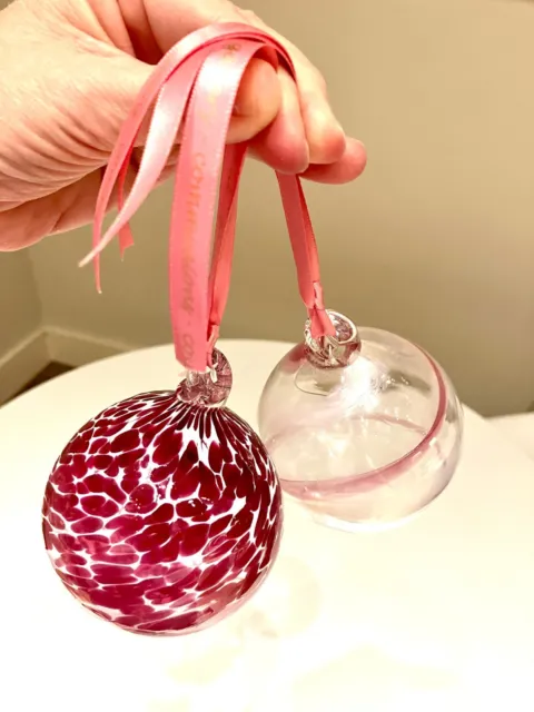 2 x Hand Blown Glass Baubles Dark Pink Burgundy Marbled & Burgundy White Swirl