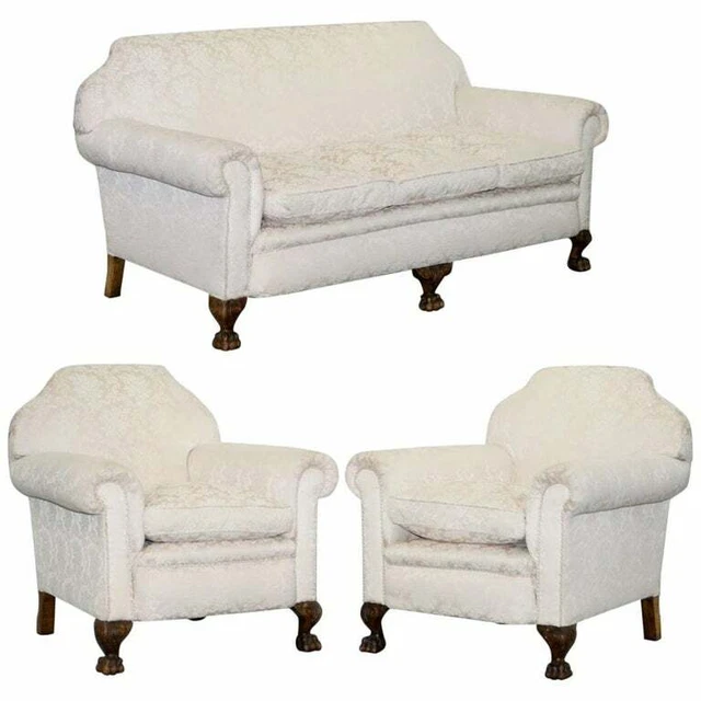 Rare Victorian Damask Upholstery Walnut Carved Lion Paw Feet Sofa Armchair Suite