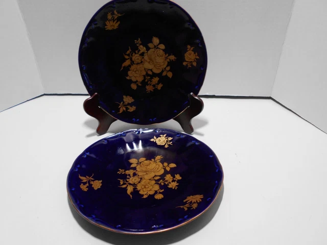 Lot of 2 Bareuther Waldsassen Echt Cobalt Porcelain  Salad Plates Bavaria 7 7/8"