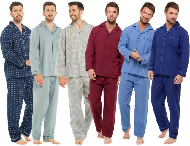 Mens Button Pyjamas Traditional Polycotton Tailored Pyjama Set PJs Nightwear