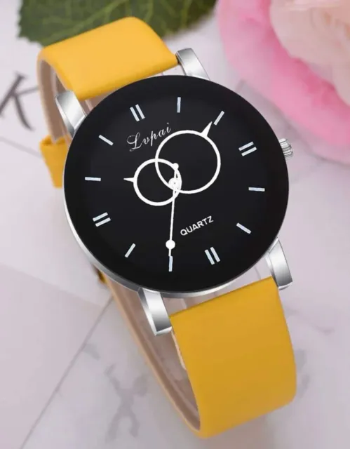 Ladies Women Quartz Wrist Watch Watches with Leather Strap... Yellow & Black UK