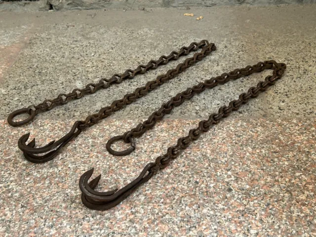Old Antique Unique Hand Forged 96''Rustic Iron Heavy Chain & Hook, Collectible