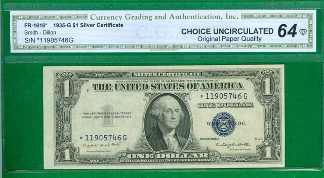 $1 1935-G 1 */G Block Blue Seal Silver Choice Uncirculated No Motto Star  64