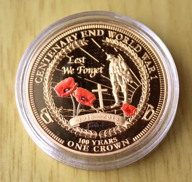 Centenary End of World War 1 WW1 Poppies TDC 2018 Gold Layered One Crown Coin