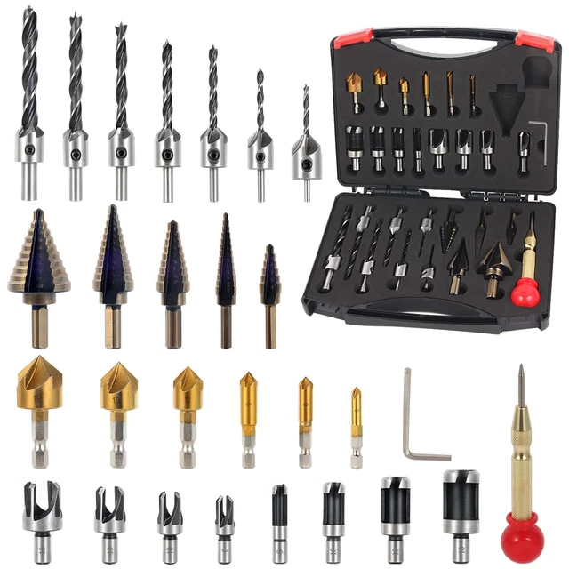 Woodworking Chamfer Drilling Tools [28 Pack] - 5PC Premium Step Drill Bit Set, 6