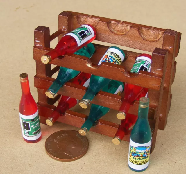 Wooden Wine Rack With 9 Loose Bottles Tumdee 1:12 Scale Dolls House Pub Bar 216