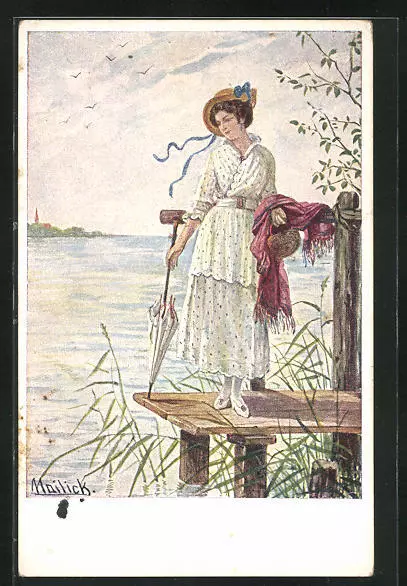 Künstler-AK Alfred Mailick: Dame auf Steg am Ufer 1917