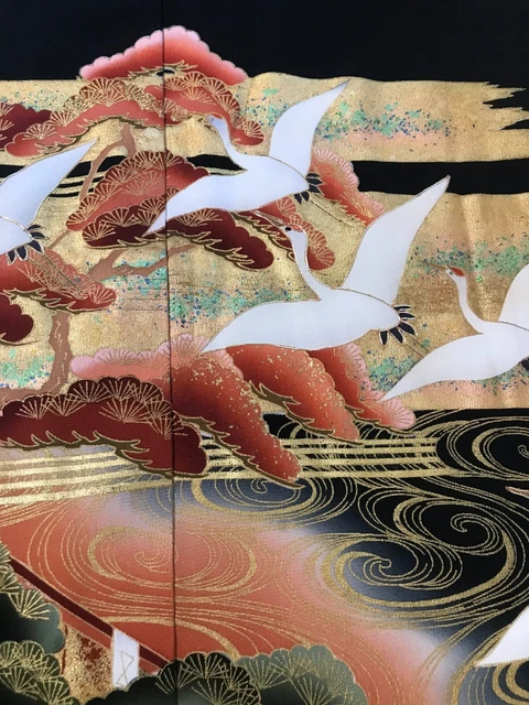 @@ Vintage Japanese kimono silk fabric/ tomesode black/ cranes, pine tree AP37 2