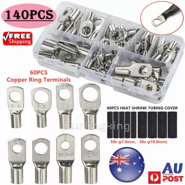 140PCS Battery Cable Copper Lugs Ring Terminals Electrical Wire Crimp Connectors