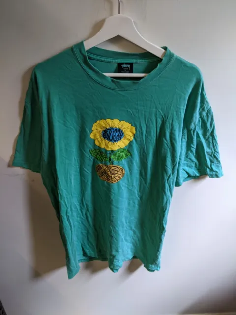 Stussy Shirt Mens Extra Large Green Script Logo Floral Flower Design Streetwear