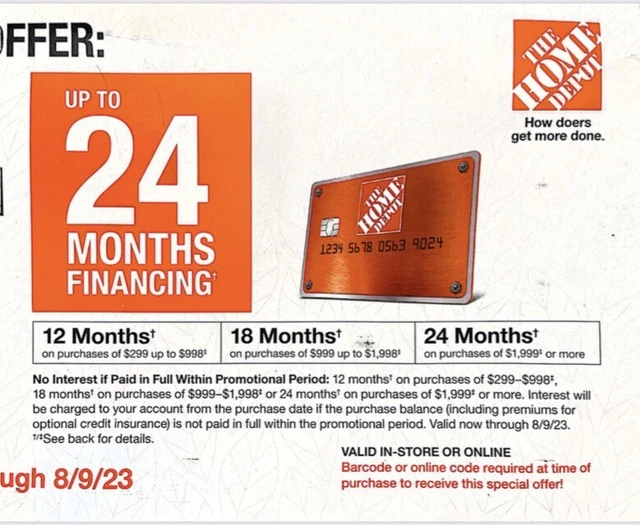 HOME DEPOT CREDIT Card Coupon Up To 24 Months No Interest. Offer Valid