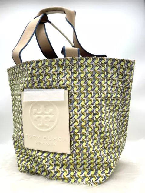 AUTH NWT TORY BURCH Basket Weave Prints Nylon Large Tote Shopper Bag-Acid Lemon