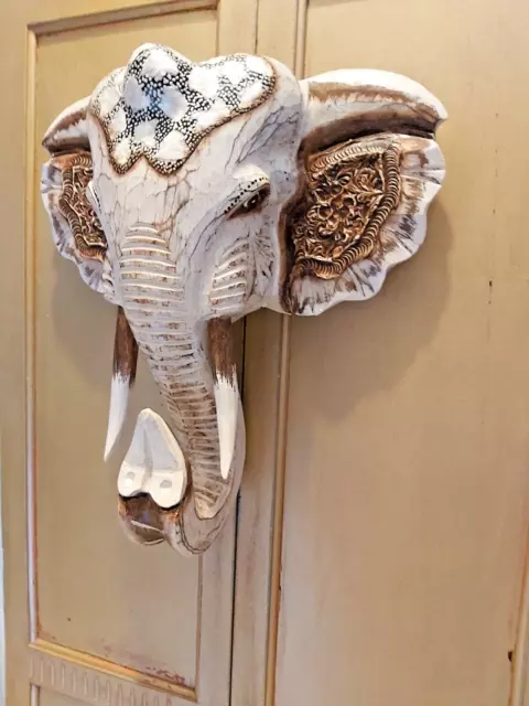 Large Hand Carved Solid Wood Hand Painted Elephant Bust