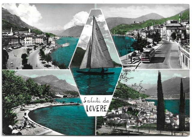 CARTOLINA DI BERGAMO ,SALUTI DA LOVERE - LAGO D ISEO -VEDUTINE - viaggiata 1958