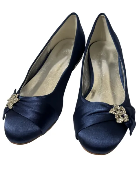 Womens Navy Blue Satin Flats Sz 8 Rhinestone Flower  Wedding Almond Toe Slip On