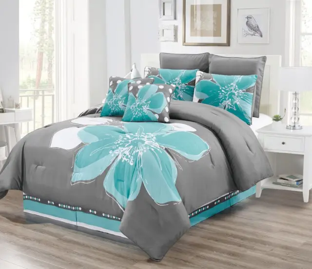 8 - Piece Aqua Blue, Grey, White Floral Comforter Set California Cal King Size B