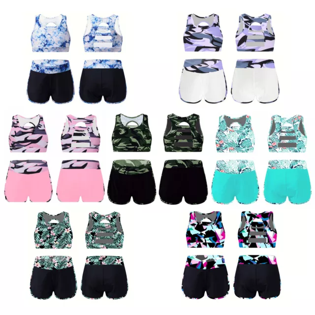 Kids Girls Tanks Bra Crop Tops Outfit Shorts Set Athletic Gymnastic Workout Suit