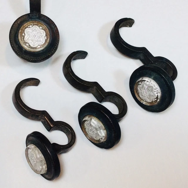 Set of 4 Antique Victorian Cast Brass Glass Rosette Picture Frame Moulding Hooks