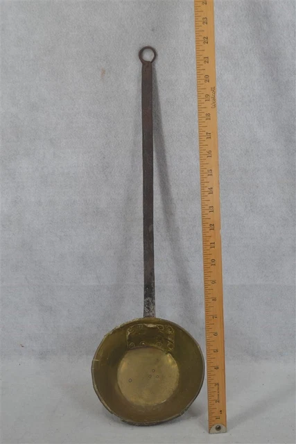brass iron fireplace ladle dipper large hand made early 19 th c 1800s antique