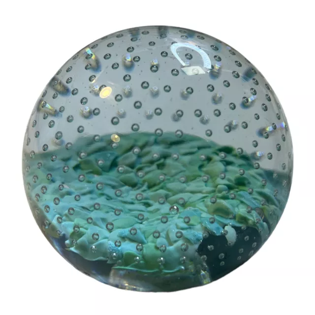 VTG Clear Art Glass Controlled Bubbles Round Paperweight Abstract Blue Sphere