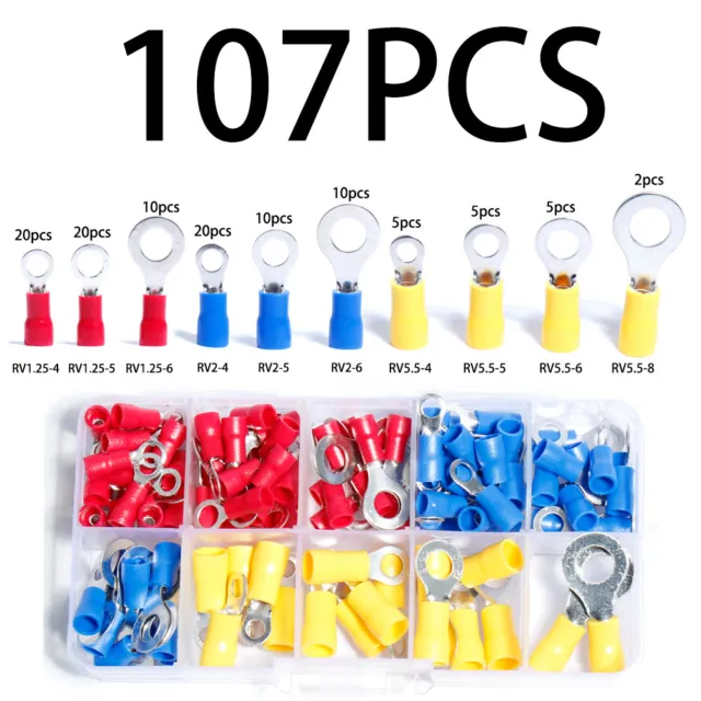 107Stk Kabelschuhe Ringösen Ringzungen Ringform 0,5-6mm² rot blau gelb Box Set