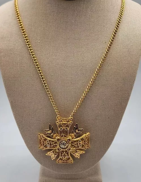 Vintage Kenneth Jay Lane KJL Maltese Cross Necklace Brooch Pendant Spinner