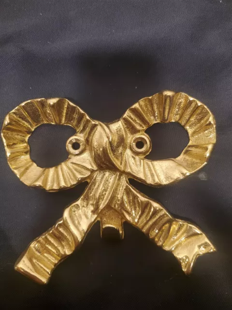 VINTAGE Gold BRASS Ribbon Bow Wall Hook HANGER Holder Key/Coat-Wall DECOR- 4"x5"