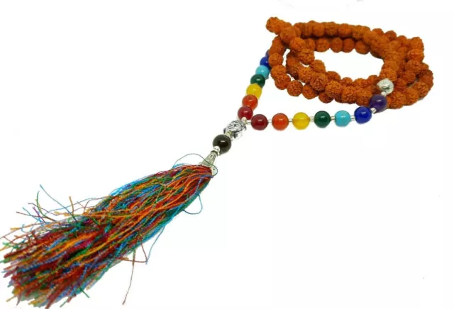 Collier 7 chakras cristal Mala 5 Mukhi Rudraksha pierre œil de tigre 200 %...