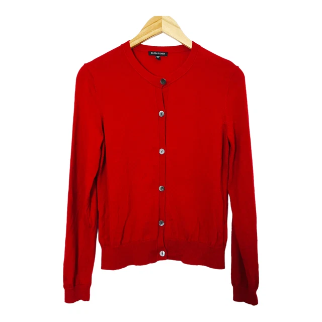 Eileen Fisher Red Merino Wool Crew Neck Cardigan Sweater Women's XS