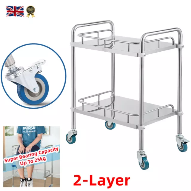 Rolling Storage Trolley w/2 Tier Fence Medical Stainless Steel Cart Lab Service