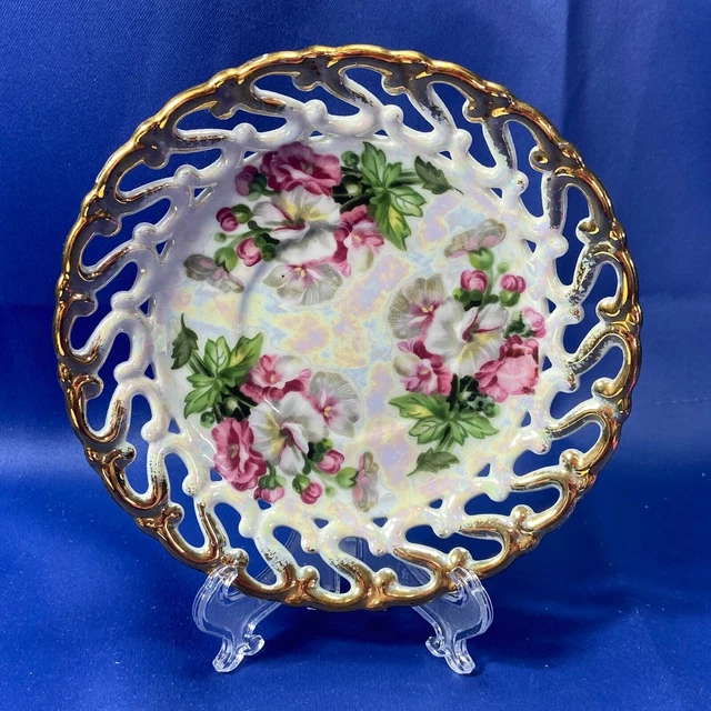 Platillo reticulado iridiscente vintage blanco con flores rosadas y blancas