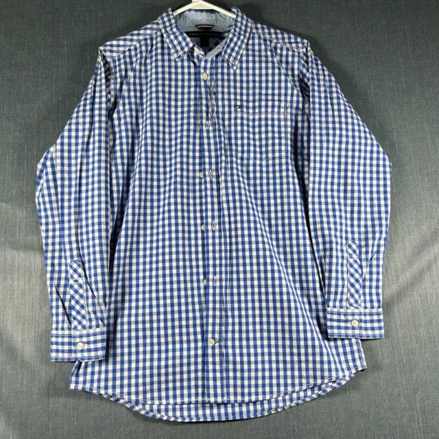 Tommy Hilfiger Men Shirt Blue White Plaid Button Down Long Sleeve Size XL Cotton