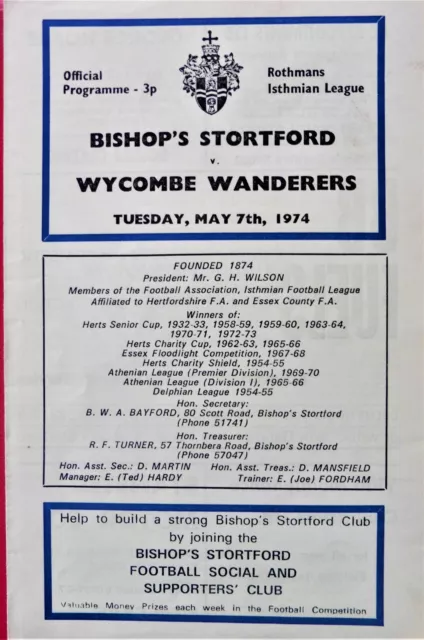 Bishops Stortford V Wycombe Wanderers 7/5/1974 Isthmian League