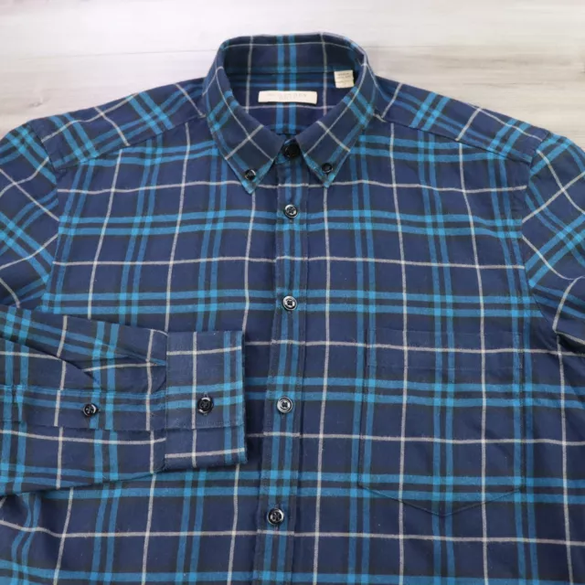 Burberry Brit Shirt Mens Small Blue Plaid Button Long Sleeve Wool Silk Cotton