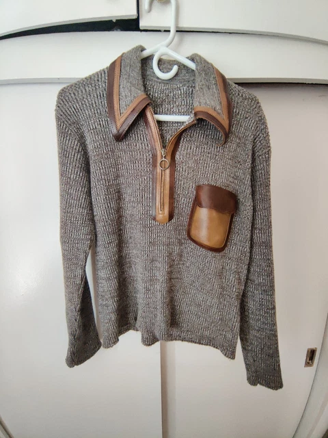 Groovy Vtg Wool 1/4 Zip Pullover with Leather 
