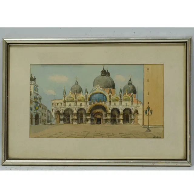 Antico dipinto ad acquerello Piazza San Marco a Venezia, firma Rosso 41x28 cm