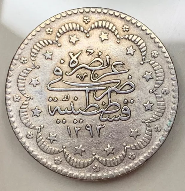 5 Kurus 1293 ( 11 )AH . 1876 Osmanisches Reich . Abdulhamid II . Silber . Km#737