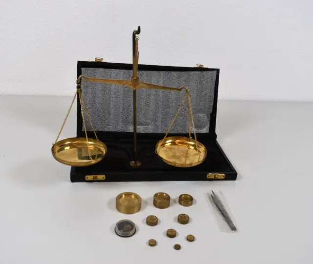 Antike Apothekerwaage Münzenwaage Balkenwaage Messinggewichten Originalkoffer