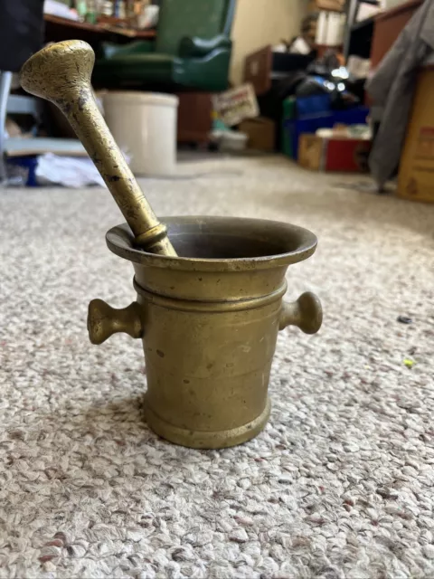 HEAVY 19th CENTURY SOLID BRASS  MORTAR & PESTLE