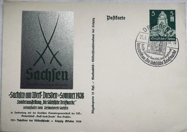 Postkarte Dt. Reich-1938-Die sächsische Briefmarke gestempelt Meißen Sachsen 5Pf