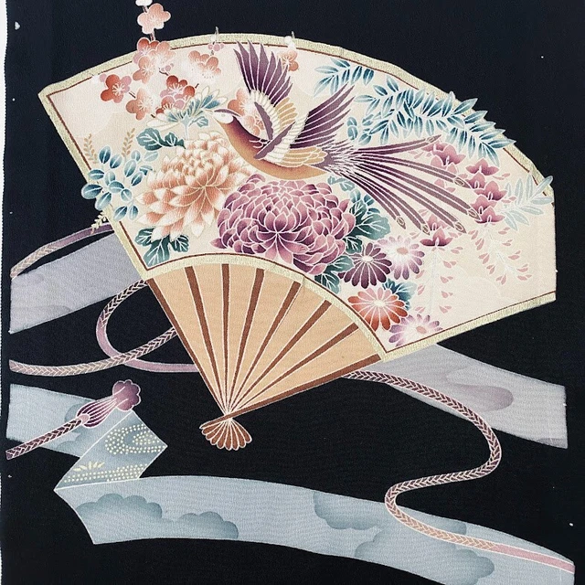 Fan #B 14x66 LONG Hand Painted Tomesode Black Silk Kimono Fabric ToD94